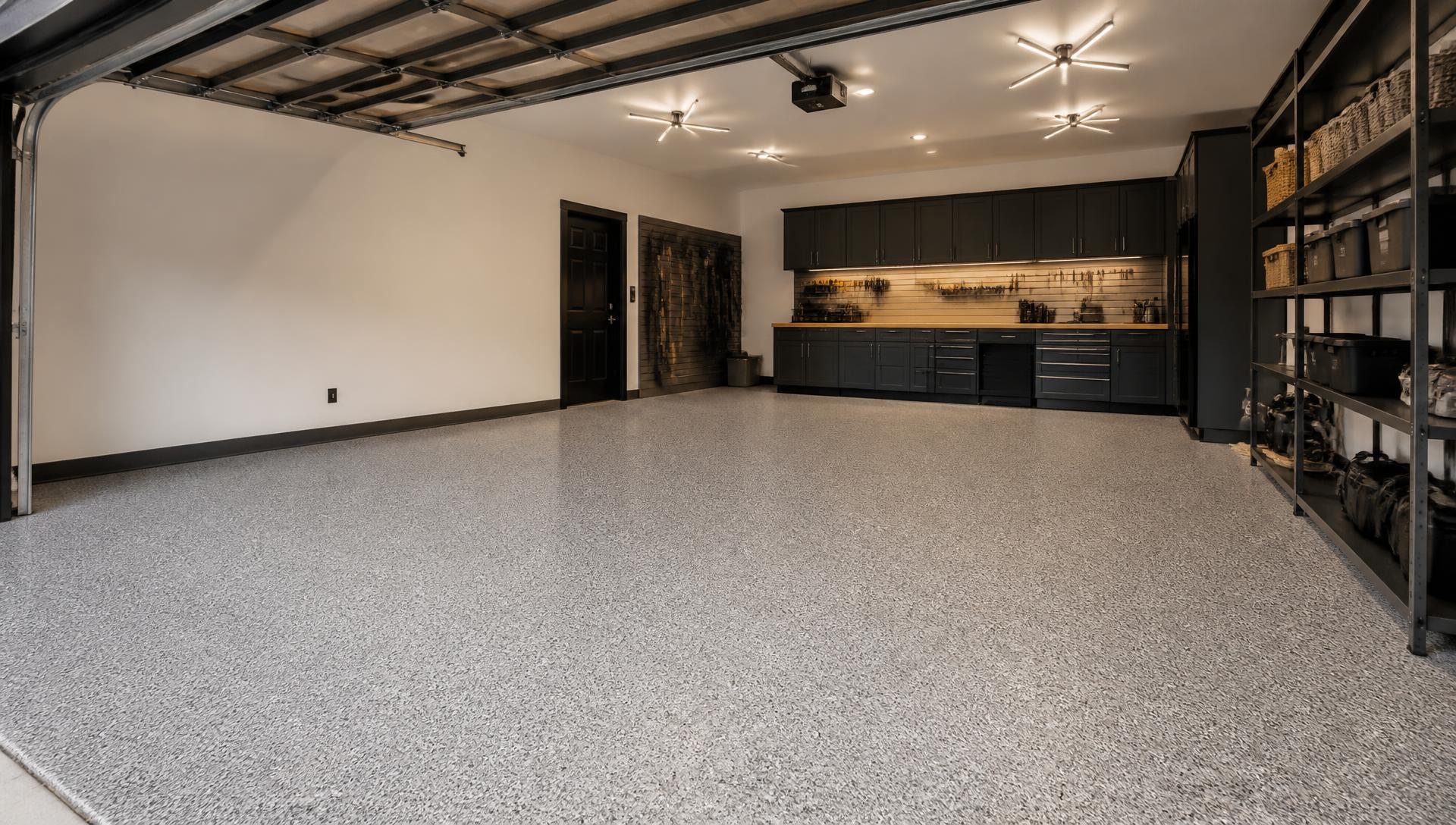 Premium garage with a finished flake floor, built-in workbench, and organized shelving